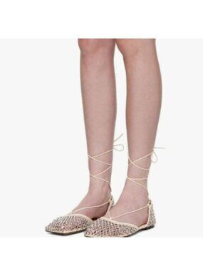 XYD Beige Square Toe Studded Flats Sandals Mesh D'Orsay Ankle Strap Slip On Shoe